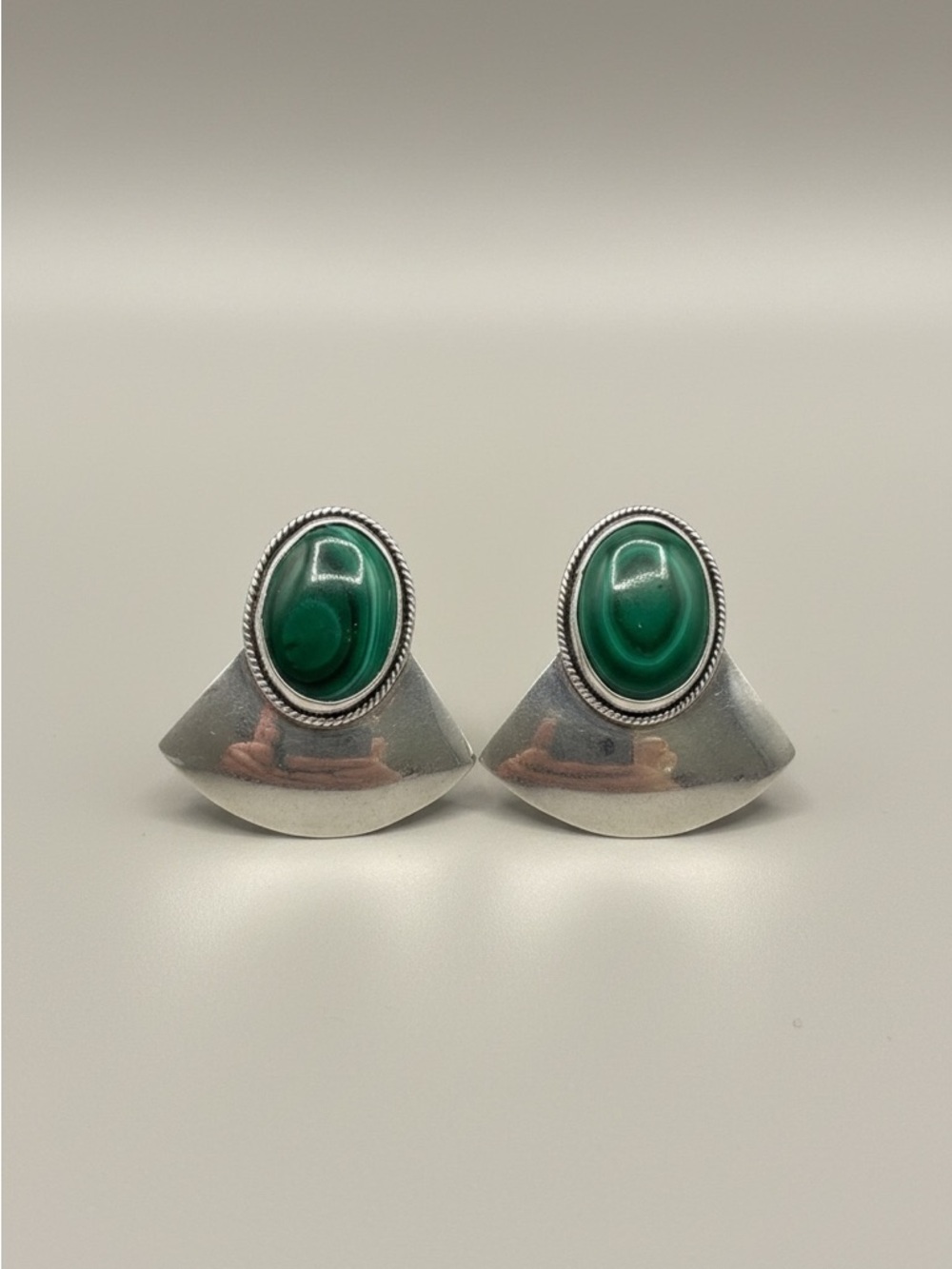 Ice Silver Fan Earrings with Green Oval Stones